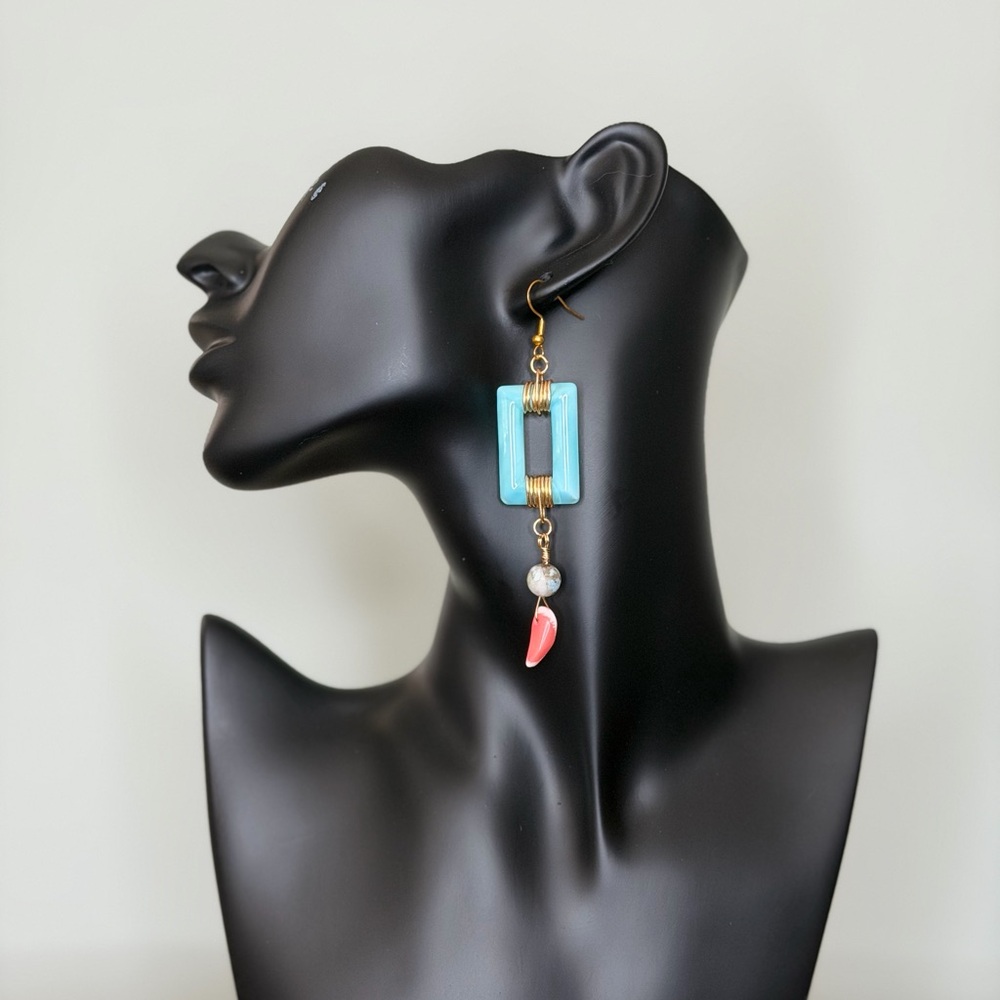 Vintage Blue Milk Glass Drop Earrings with Natural Stone and Coral Accent